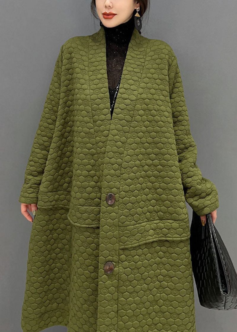 Plus Size Grön V-ringad Bomullsfylld Extra Stor Fåll Trenchcoat Vinter - Dunjackor för kvinnor