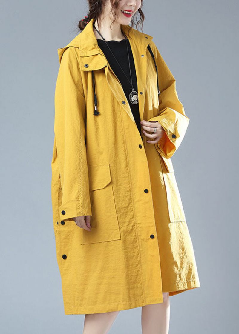 Plus Size Gula Hooded Print Fickor Patchwork Cotton Trench Coat Fall - Vinterkappor för kvinnor