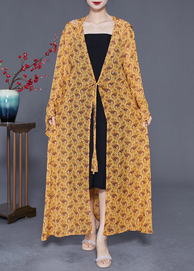 Plus Size Gult Hooded Print Chiffong Long Cardigan Summer