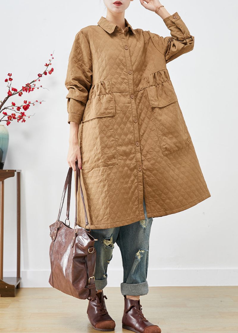 Plus Size Khaki Cinched Plädfickor Fin Bomullsfylld Trench Winter