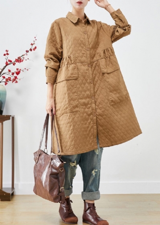 Plus Size Khaki Cinched Plädfickor Fin Bomullsfylld Trench Winter