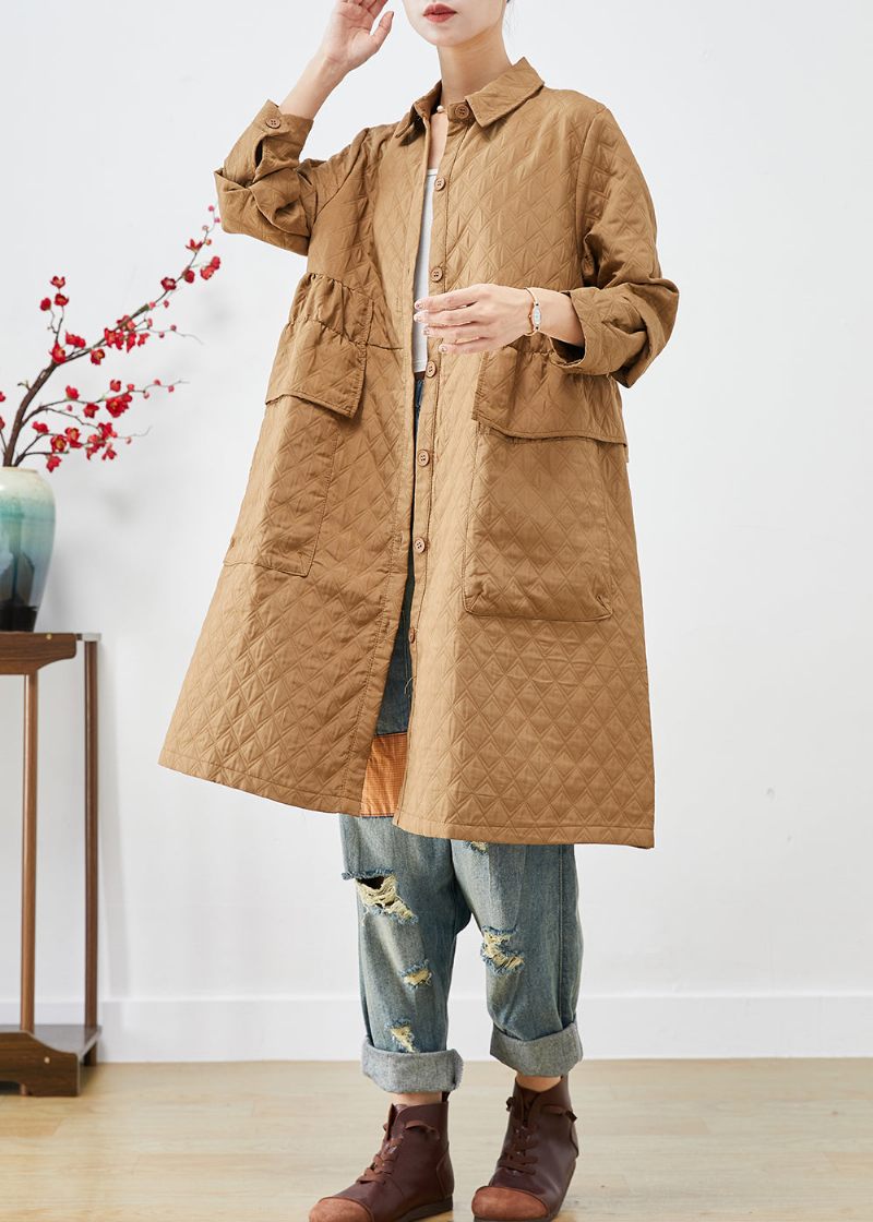 Plus Size Khaki Cinched Plädfickor Fin Bomullsfylld Trench Winter - Trenchcoats för kvinnor