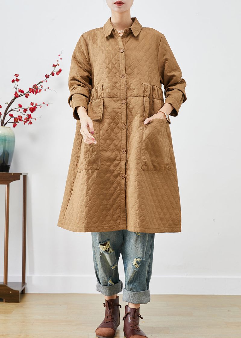 Plus Size Khaki Cinched Plädfickor Fin Bomullsfylld Trench Winter - Trenchcoats för kvinnor