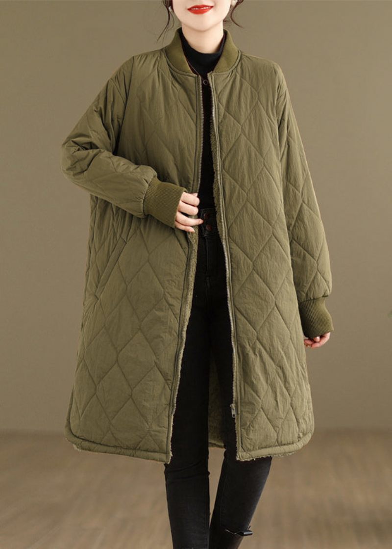 Plus Size Khaki Fickor Dragkedja Varm Fleece Damrock Vinter - Dunjackor för kvinnor