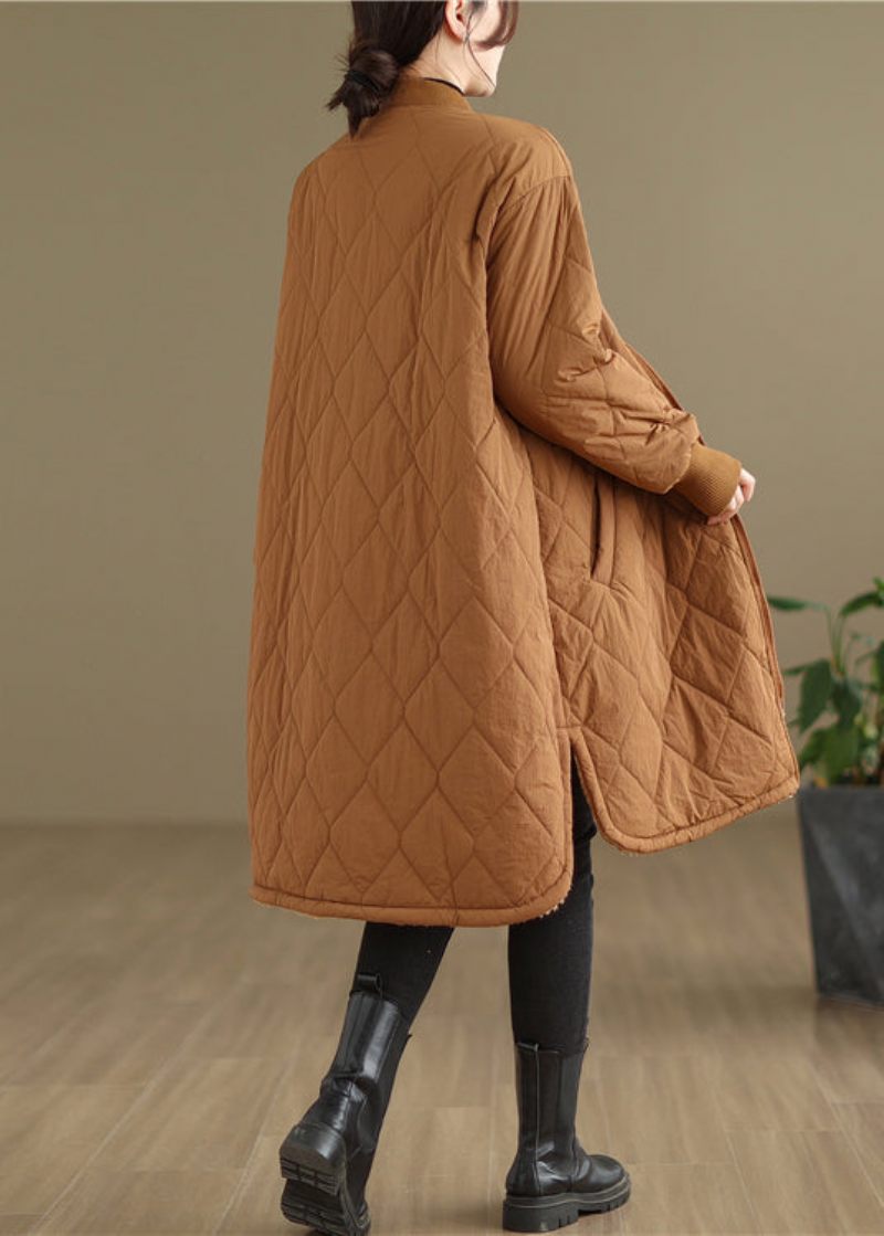 Plus Size Khaki Fickor Dragkedja Varm Fleece Damrock Vinter - Dunjackor för kvinnor