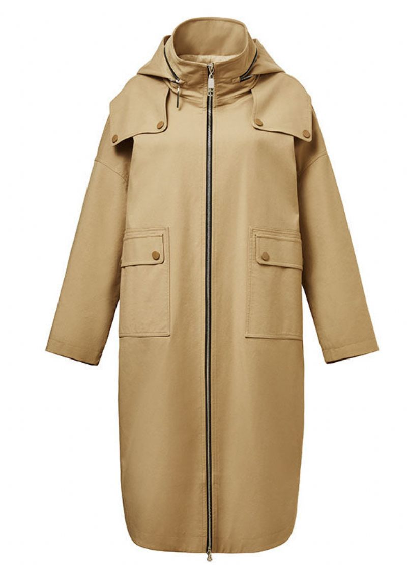 Plus Size Khaki Hooded Dragkedja Cocoon Coats Spring - Trenchcoats för kvinnor