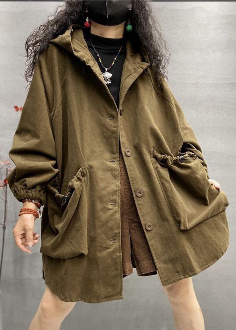 Plus Size Khaki Hooded Dragsko Stora Fickor Bomull Coats Spring