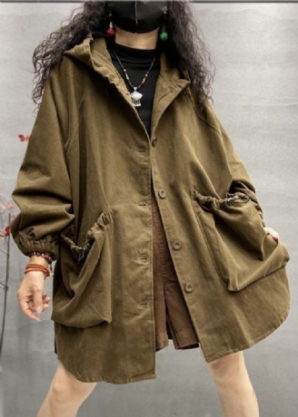 Plus Size Khaki Hooded Dragsko Stora Fickor Bomull Coats Spring