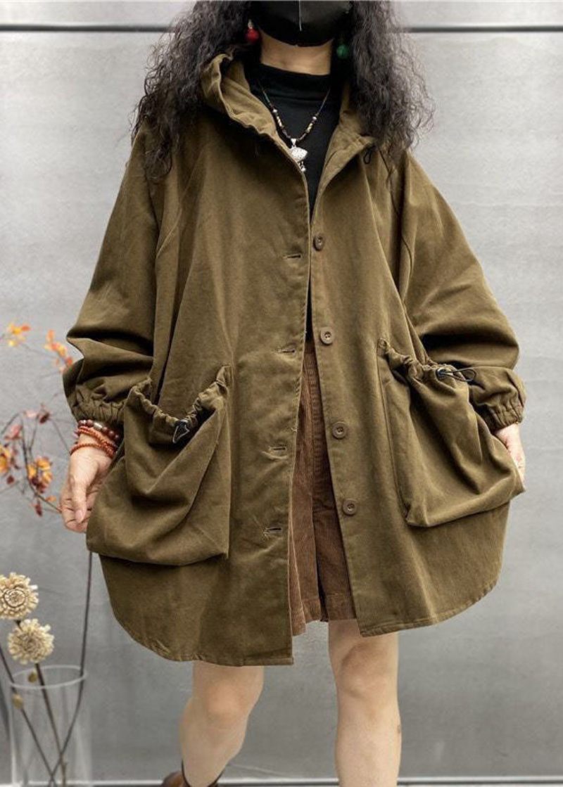 Plus Size Khaki Hooded Dragsko Stora Fickor Bomull Coats Spring - Trenchcoats för kvinnor