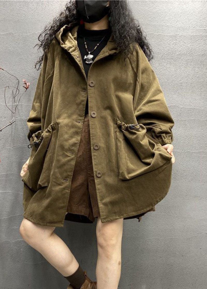 Plus Size Khaki Hooded Dragsko Stora Fickor Bomull Coats Spring - Trenchcoats för kvinnor