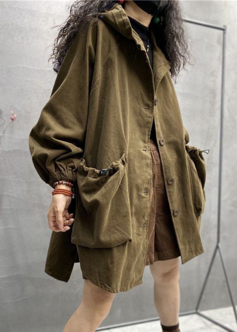 Plus Size Khaki Hooded Dragsko Stora Fickor Bomull Coats Spring - Trenchcoats för kvinnor