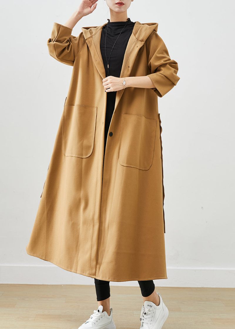 Plus Size Khaki Hooded Fickor Cotton Trench Fall - Trenchcoats för kvinnor