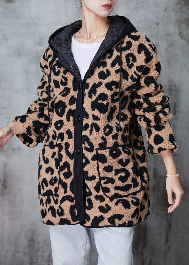 Plus Size Khaki Hooded Leopard Print Fin Bomullsfylld Fuskpälsrock Vinter - Vinterkappor för kvinnor