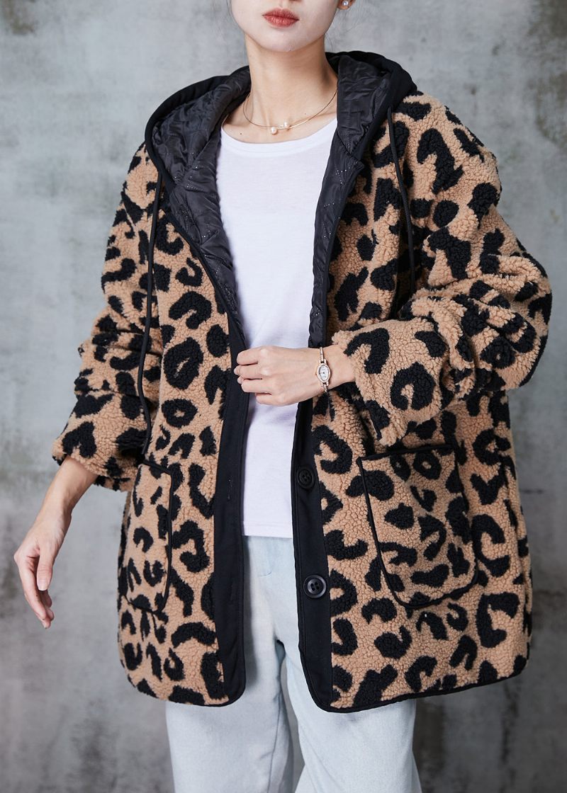 Plus Size Khaki Hooded Leopard Print Fin Bomullsfylld Fuskpälsrock Vinter - Vinterkappor för kvinnor