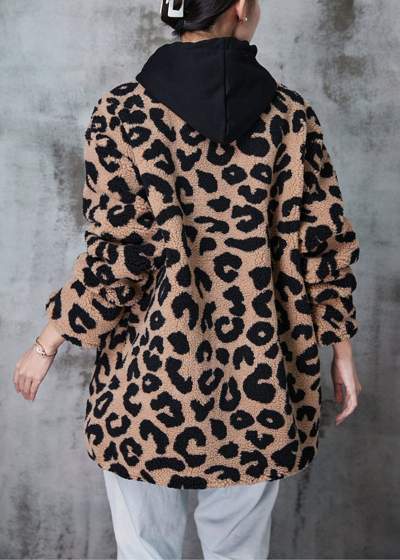 Plus Size Khaki Hooded Leopard Print Fin Bomullsfylld Fuskpälsrock Vinter - Vinterkappor för kvinnor