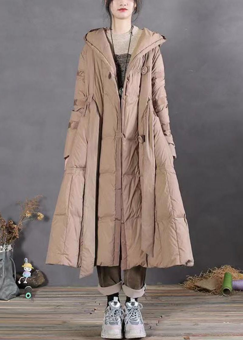 Plus Size Khaki Hooded Tie Midja Patchwork Duck Down Lång Kappa Vinter - Vinterkappor för kvinnor