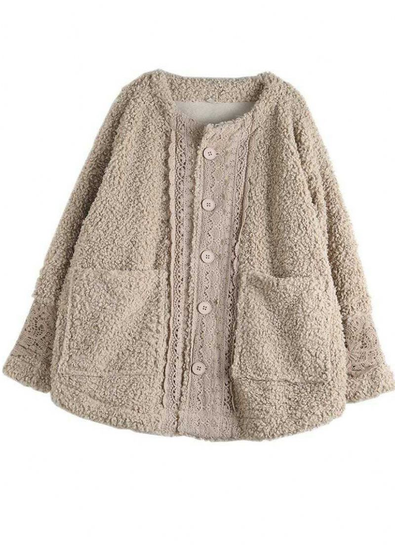 Plus Size Khaki O-neck Lacer Patchwork Teddy Fuskpäls Parka Vinter - Dunjackor för kvinnor