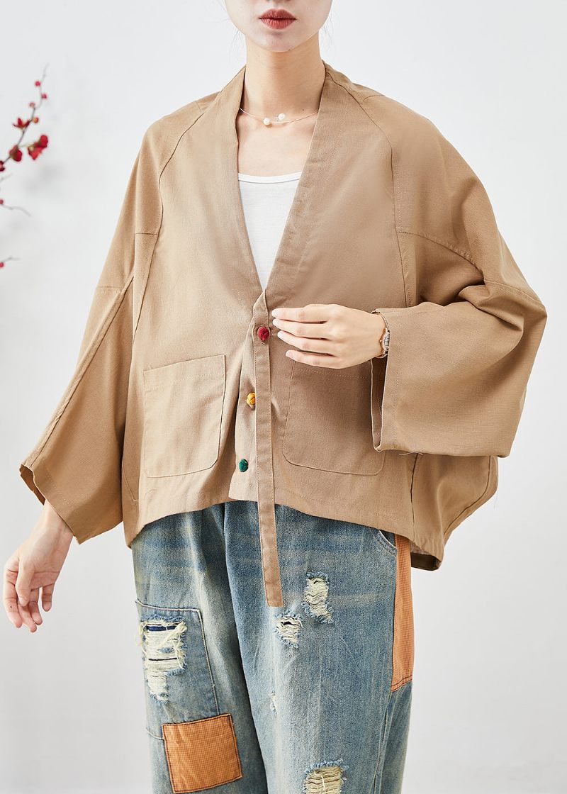 Plus Size Khaki Oversized Fickor Linnejackor Batwing Sleeve - Vinterkappor för kvinnor