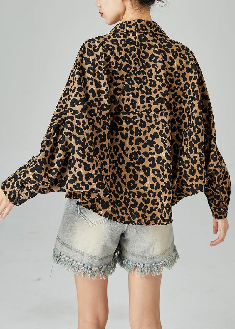 Plus Size Khaki Oversized Leopard Print Bomullsrock Batwing Sleeve - Vinterkappor för kvinnor