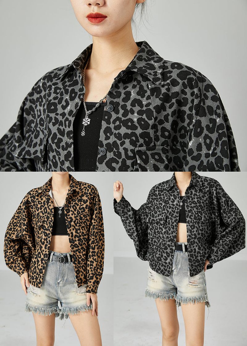 Plus Size Khaki Oversized Leopard Print Bomullsrock Batwing Sleeve - Vinterkappor för kvinnor