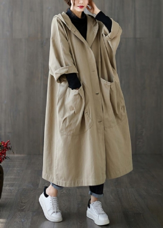 Plus Size Khaki Patchwork Button Långa Hoodies Trench Coats Spring