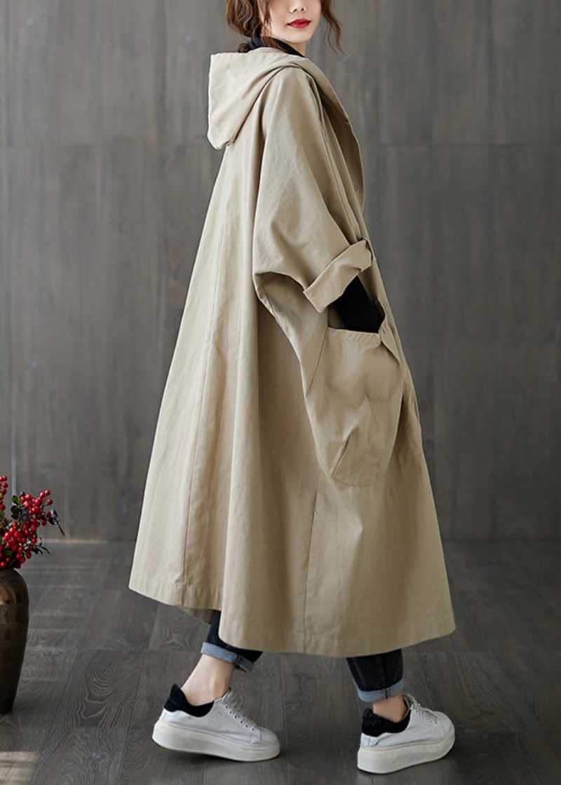 Plus Size Khaki Patchwork Button Långa Hoodies Trench Coats Spring - Kaki