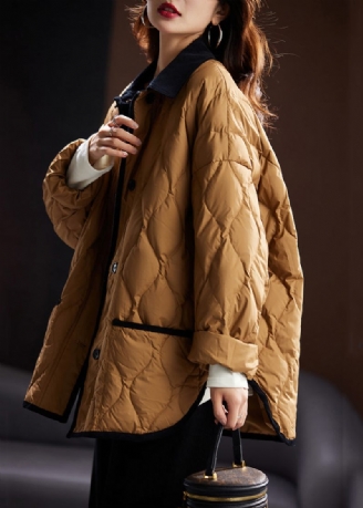 Plus Size Khaki Peter Pan Krage Fickor Duck Down Coat Långärmad