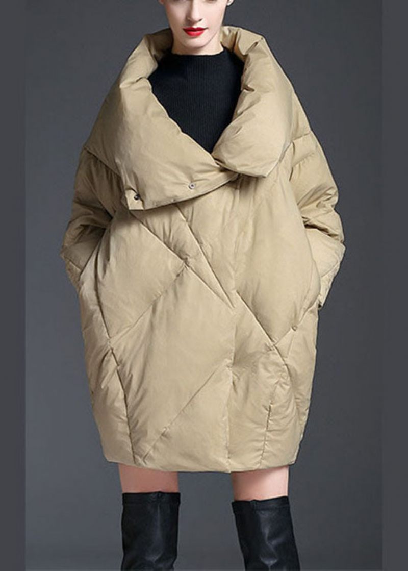 Plus Size Khaki Peter Pan Krage Knapp Vinter Duck Down Coat - Kaki