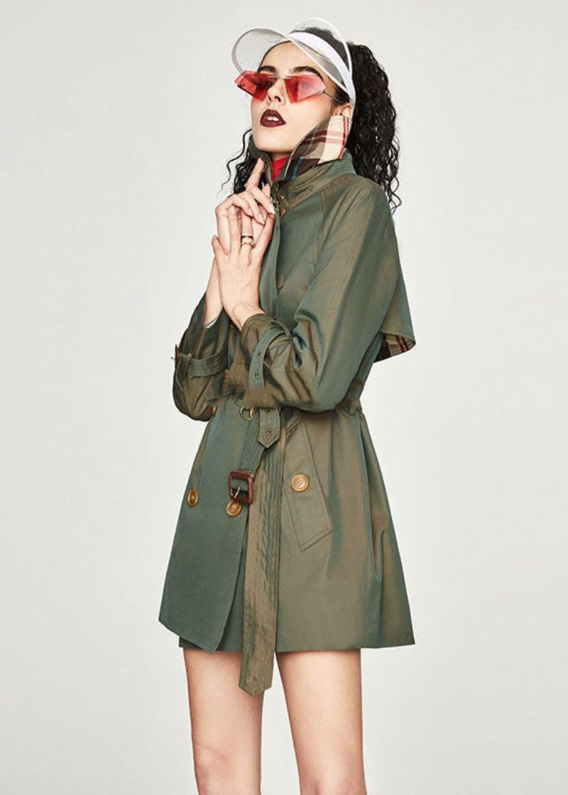 Plus Size Khaki Peter Pan Krage Sashes Bomull Dubbla Breasted Trench Spring - Kaki