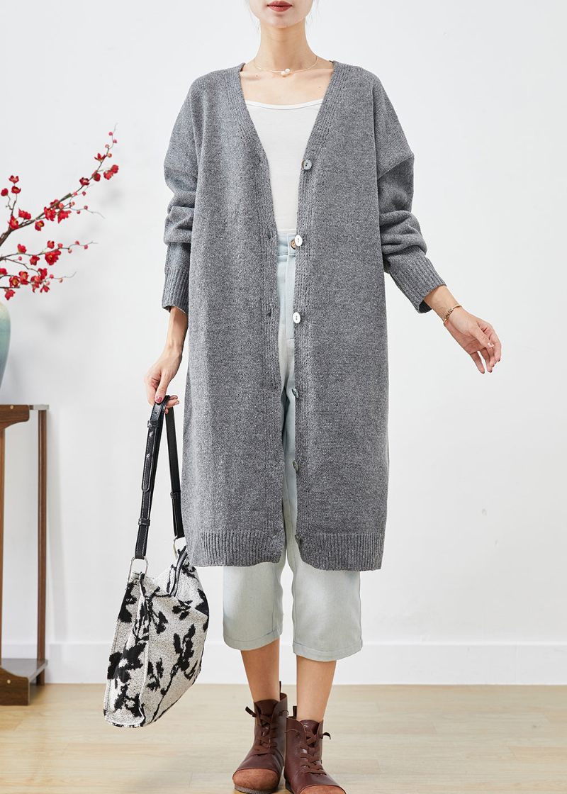 Plus Size Kolgrå Oversized Button Down Knit Cardigan Fall