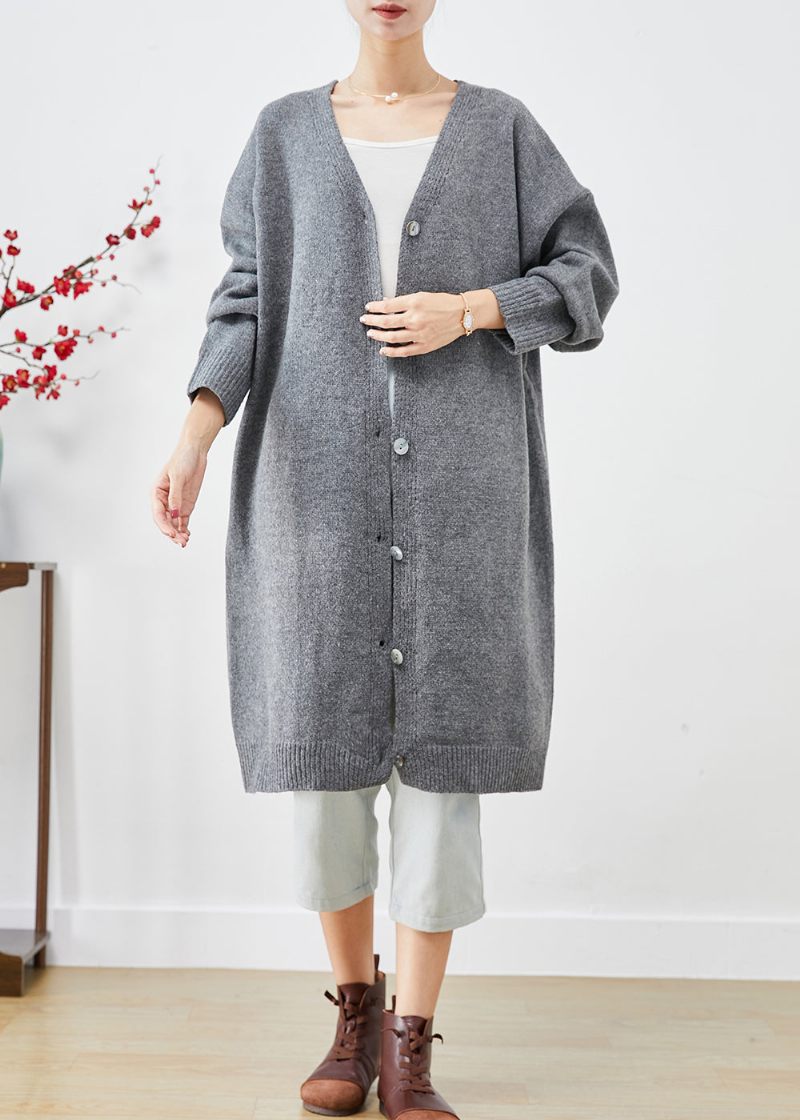 Plus Size Kolgrå Oversized Button Down Knit Cardigan Fall - Koftor för kvinnor