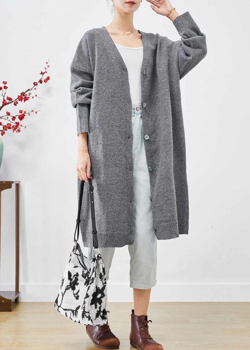 Plus Size Kolgrå Oversized Button Down Knit Cardigan Fall - Koftor för kvinnor