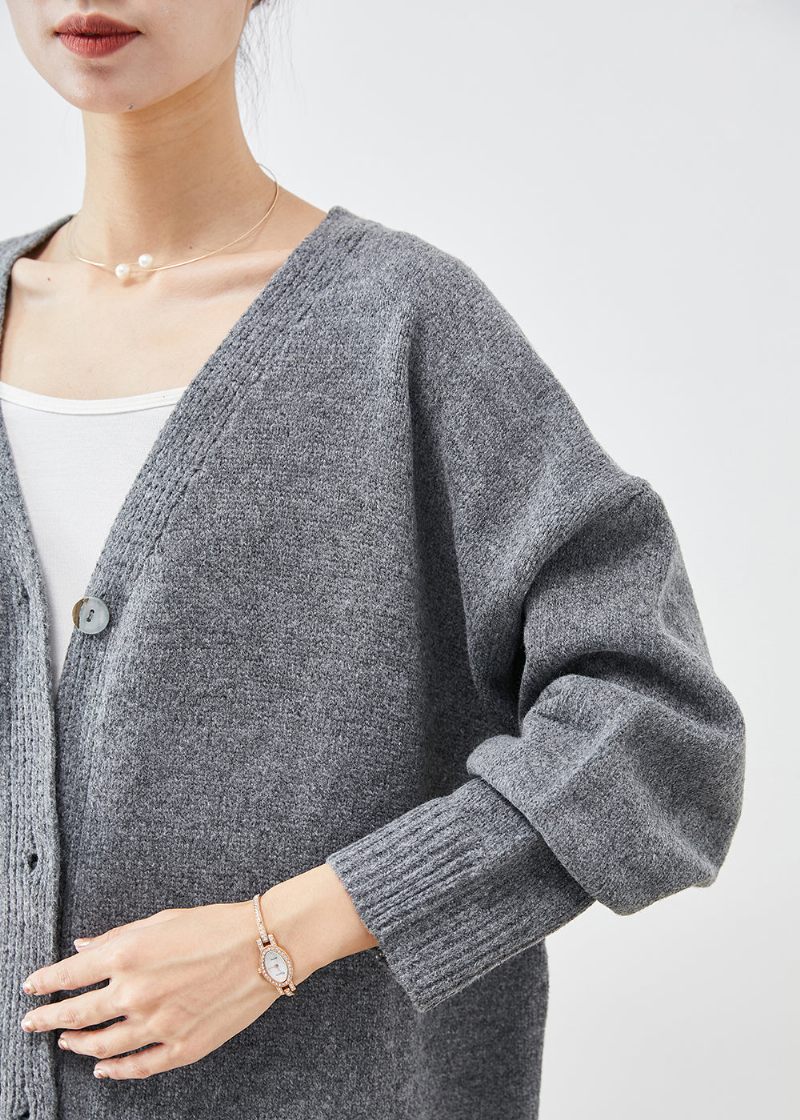 Plus Size Kolgrå Oversized Button Down Knit Cardigan Fall - Koftor för kvinnor