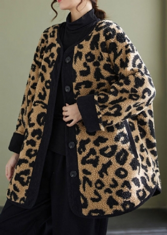 Plus Size Leopardfickor Fin Bomullsfylld Fuskpälsjacka Vinter