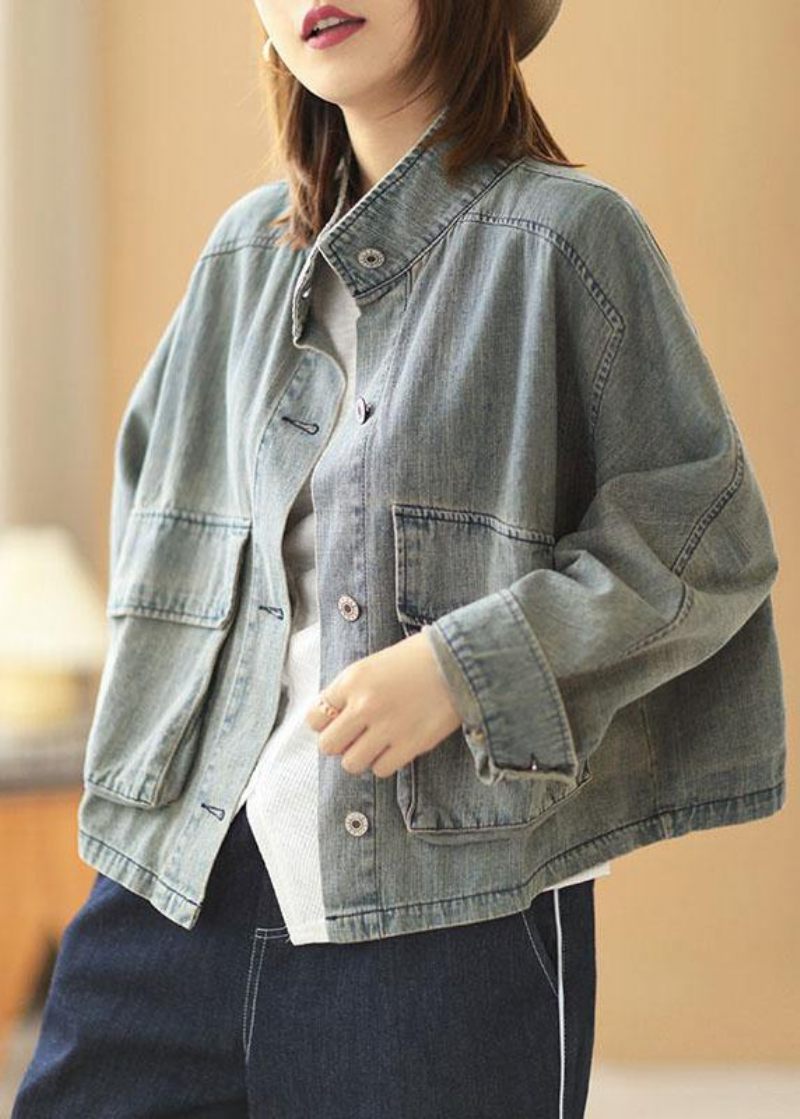 Plus Size Ljusblå Fickor Knapp Fall Denim Långärmad Kappa - Vinterkappor för kvinnor