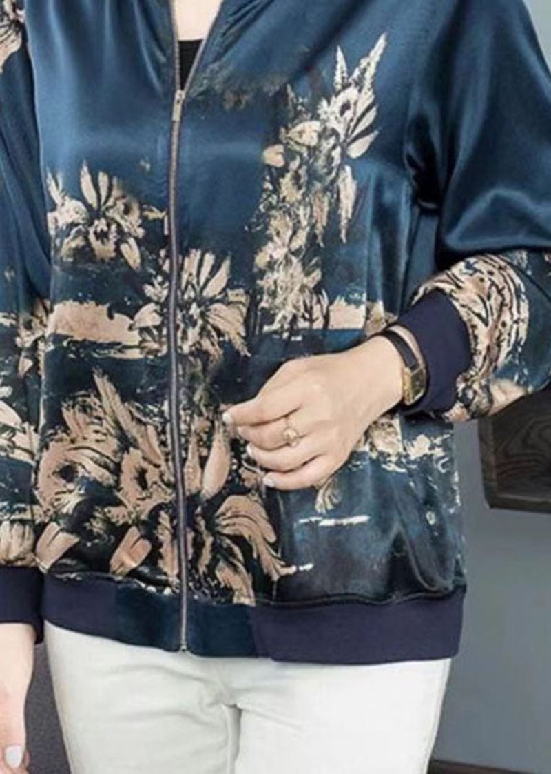 Plus Size Marin Stativ Krage Zip Up Print Sidenkappa Ytterkläder Höst - Vinterkappor för kvinnor