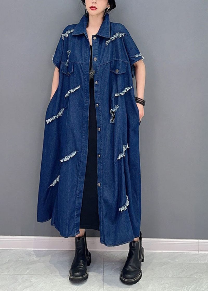 Plus Size Marinblå Oversized Cotton Ripped Denim Coat Outwear Kort Ärm