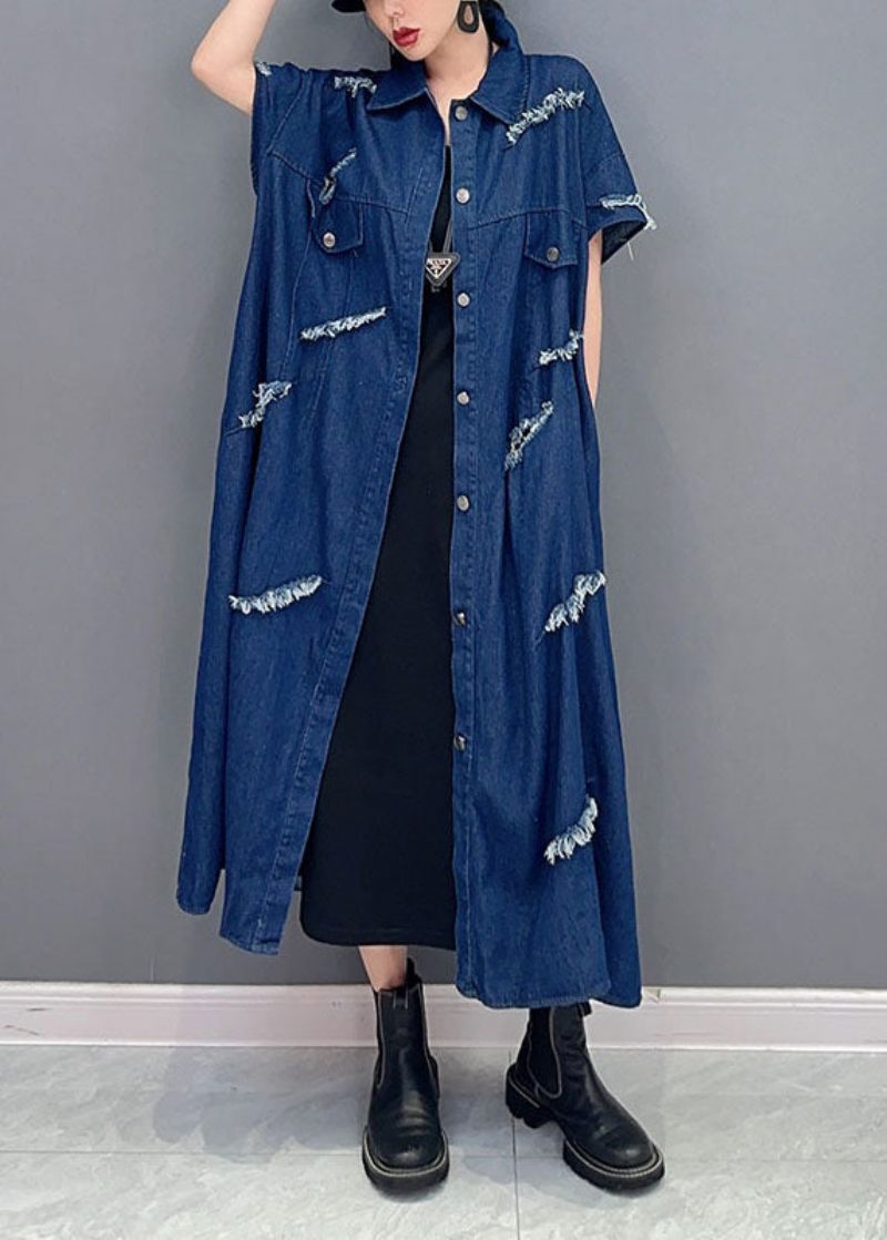 Plus Size Marinblå Oversized Cotton Ripped Denim Coat Outwear Kort Ärm - Koftor för kvinnor