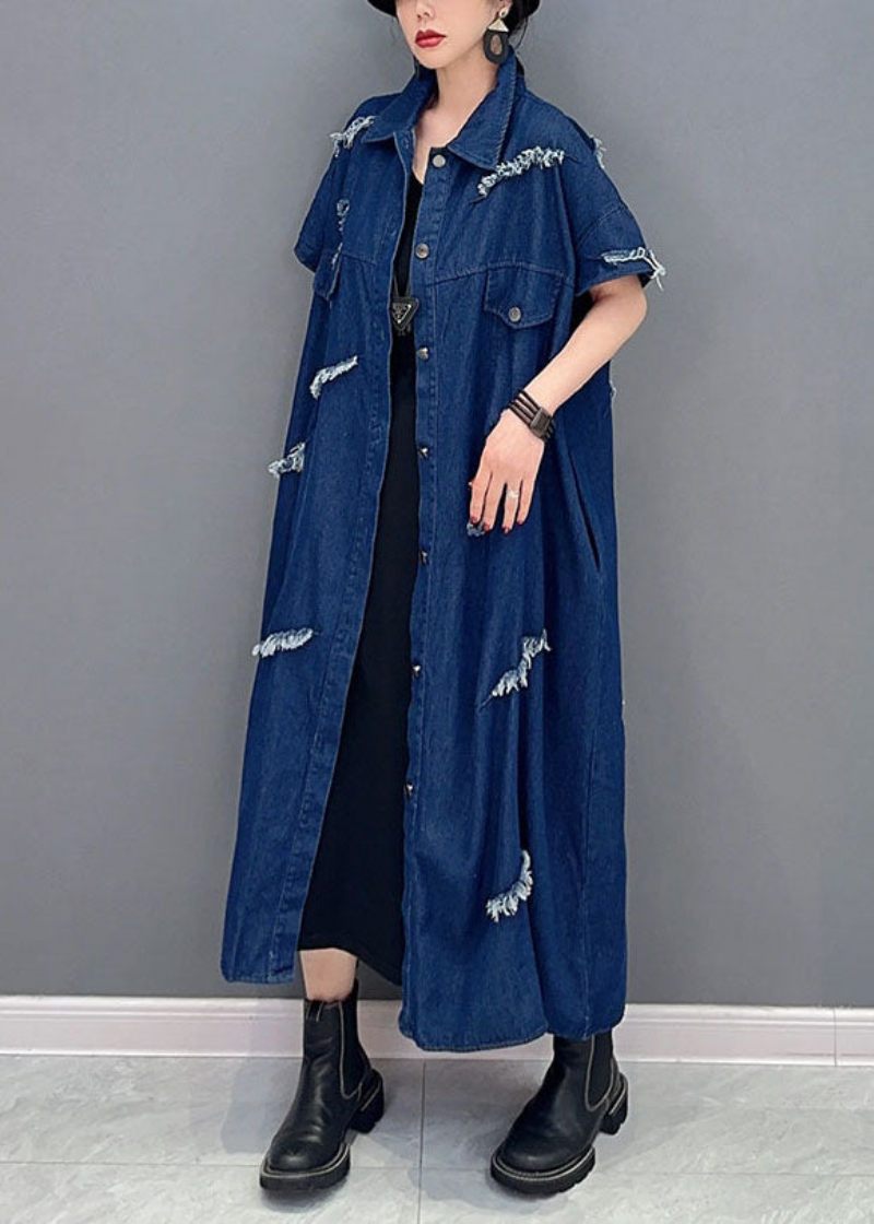 Plus Size Marinblå Oversized Cotton Ripped Denim Coat Outwear Kort Ärm - Koftor för kvinnor