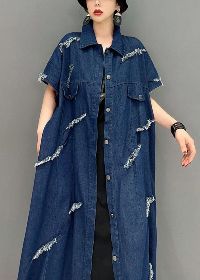 Plus Size Marinblå Oversized Cotton Ripped Denim Coat Outwear Kort Ärm - Koftor för kvinnor