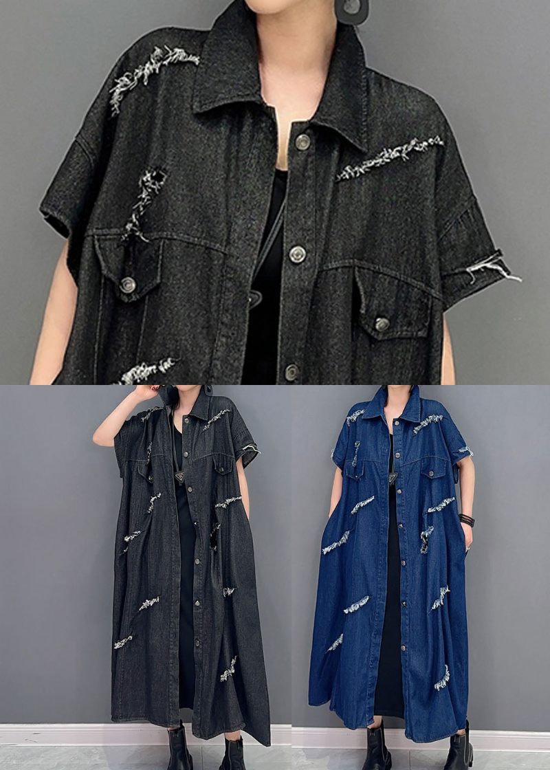 Plus Size Marinblå Oversized Cotton Ripped Denim Coat Outwear Kort Ärm - Koftor för kvinnor