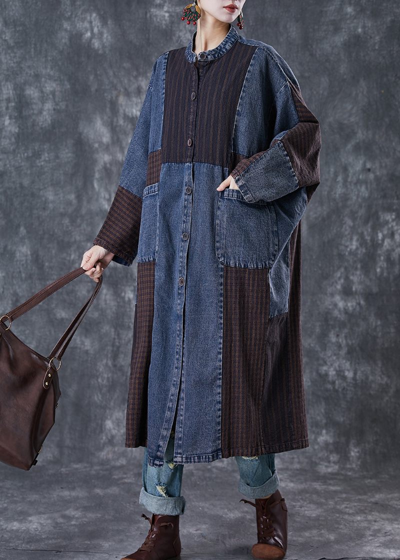 Plus Size Marinblå Oversized Patchwork Applikation Denim Trench Coat Spring