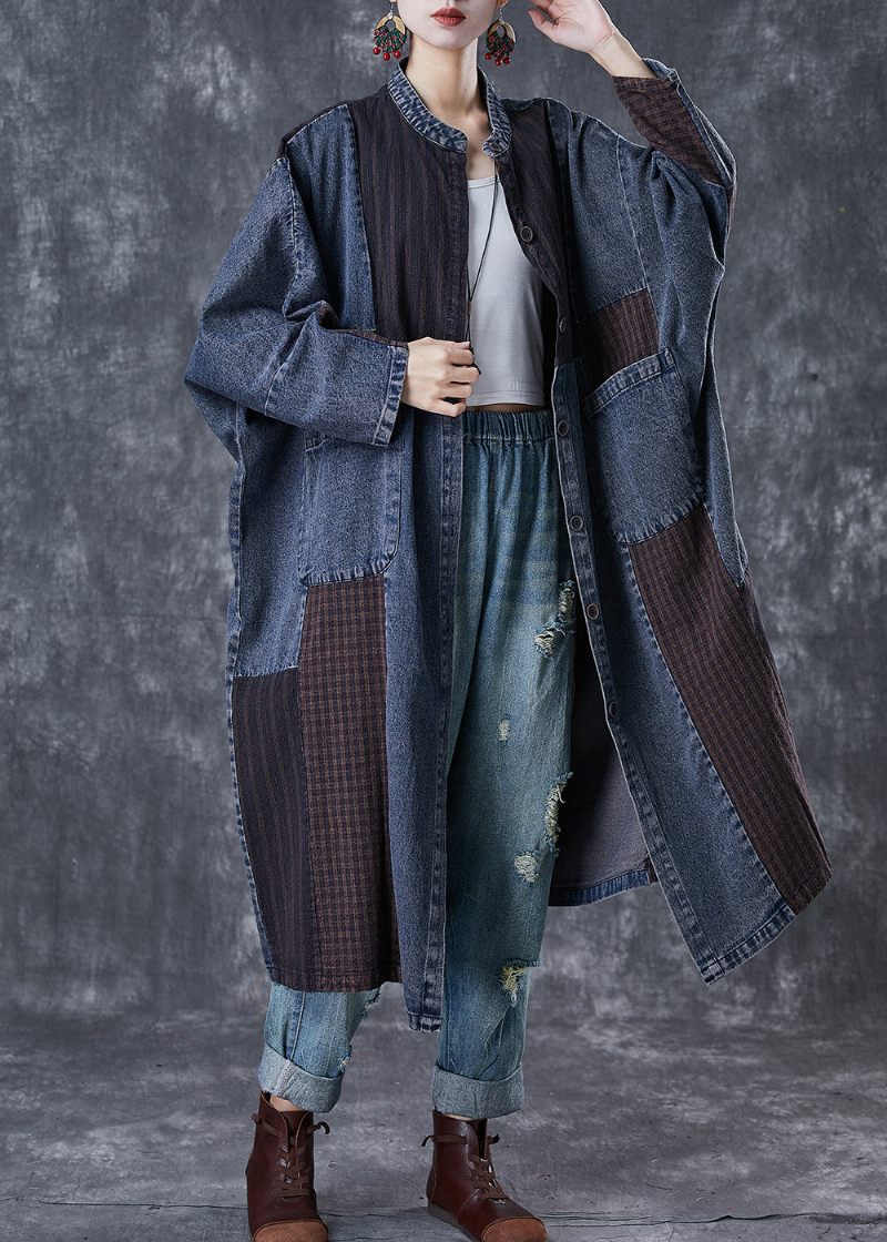 Plus Size Marinblå Oversized Patchwork Applikation Denim Trench Coat Spring - Trenchcoats för kvinnor