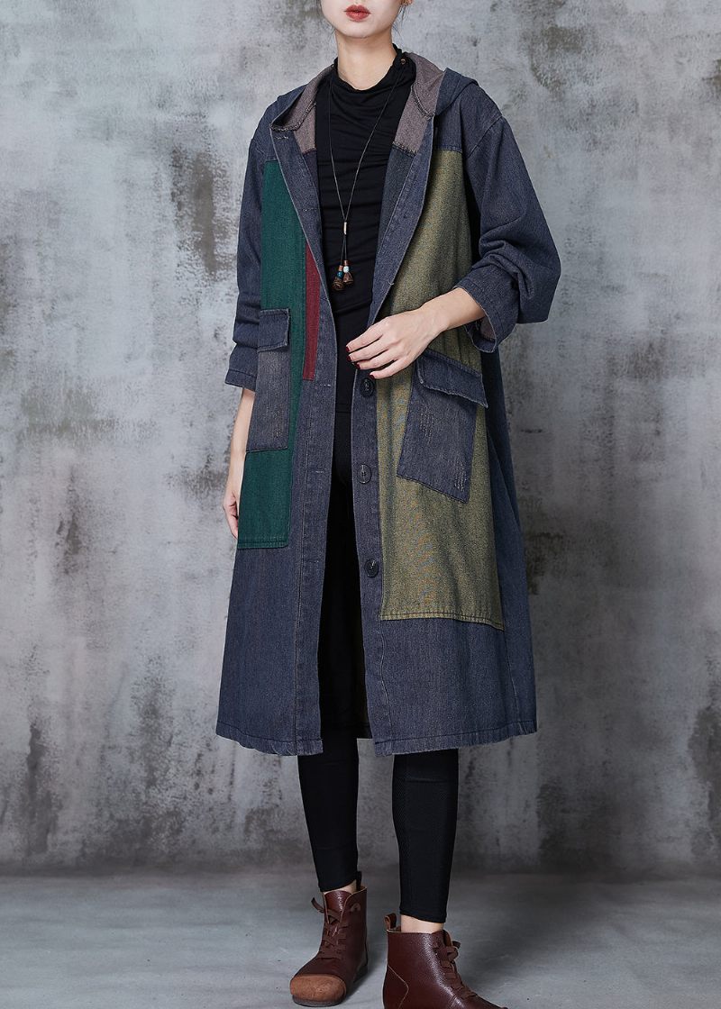 Plus Size Marinblå Oversized Patchwork Denim Trench Coats Spring