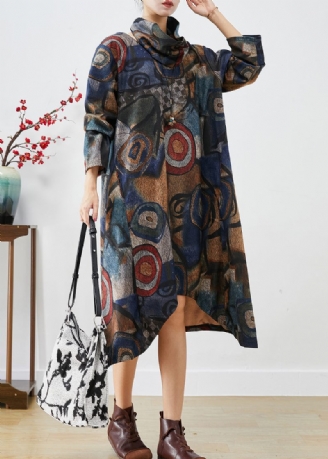 Plus Size Marinblå Oversized Print Ullklänning Tvådelad Set Fall