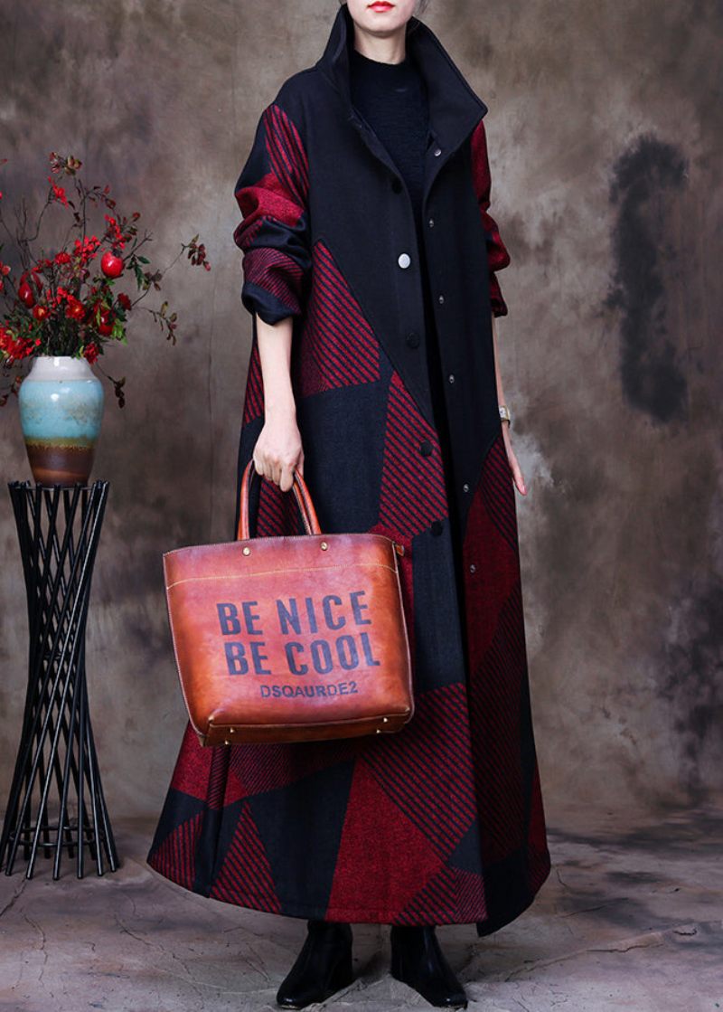 Plus Size Mulberry Stativkrage Asymmetrisk Patchwork Button Ylle Maxi Coat Långärmad