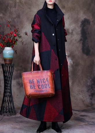 Plus Size Mulberry Stativkrage Asymmetrisk Patchwork Button Ylle Maxi Coat Långärmad