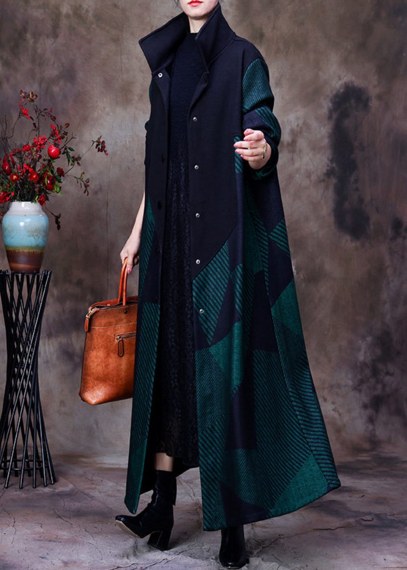 Plus Size Mulberry Stativkrage Asymmetrisk Patchwork Button Ylle Maxi Coat Långärmad - Mulberry