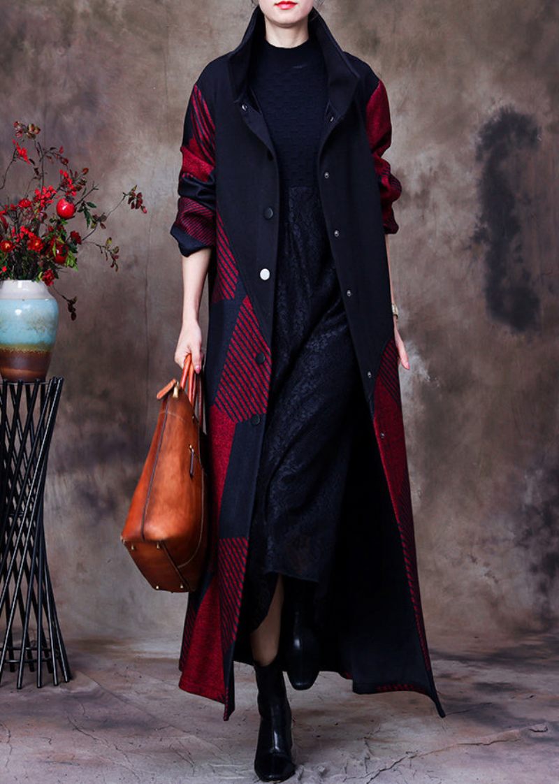 Plus Size Mulberry Stativkrage Asymmetrisk Patchwork Button Ylle Maxi Coat Långärmad - Mulberry