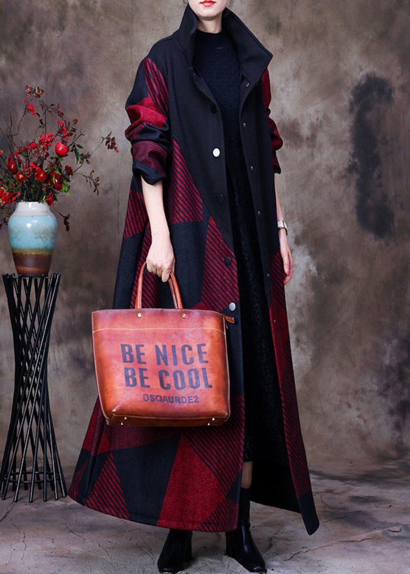 Plus Size Mulberry Stativkrage Asymmetrisk Patchwork Button Ylle Maxi Coat Långärmad - Mulberry